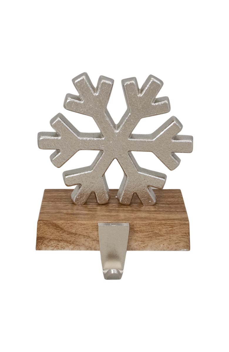 Northlight 6" Silver Snowflake on Wood Look Base Christmas Stocking Holder, Main, color, Silver