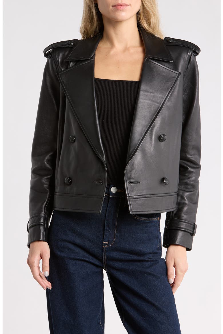 Xoey Cropped Leather Trench Jacket, Main, color, BLACK