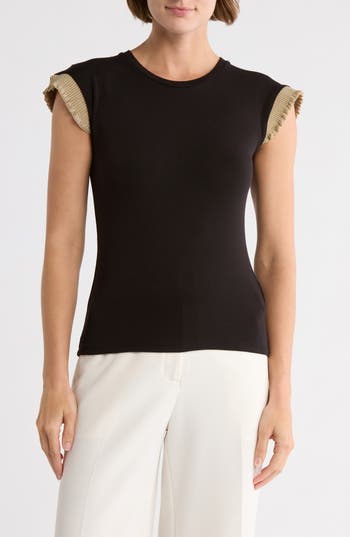 Muse Ruffle Ribbed Cap Sleeve Top In Black