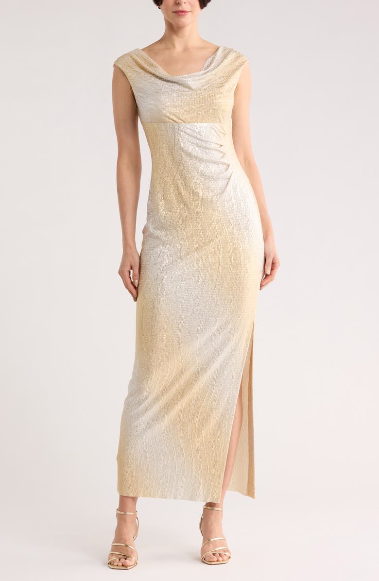 Connected Apparel Foil Ombré Maxi Dress, Main, color, Gold