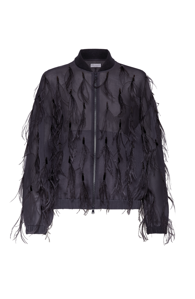 Brunello Cucinelli Crispy silk bomber jacket with dazzling feather embroidery, Main, color, 