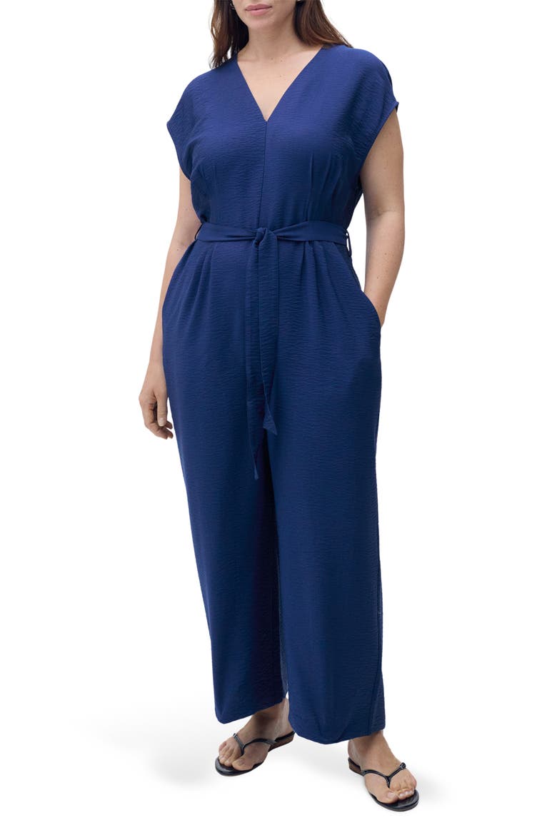Belted Hammered Satin Jumpsuit, Alternate, color, INK BLUE