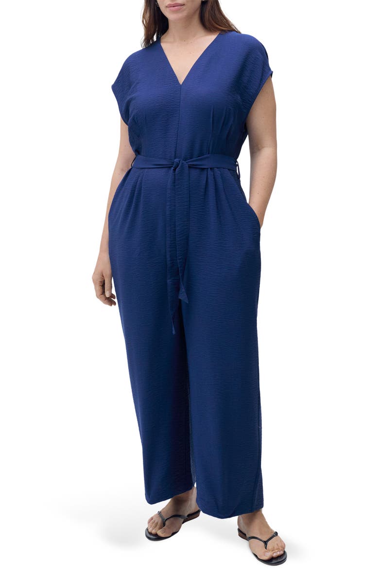 MANGO Belted Hammered Satin Jumpsuit, Alternate, color, Ink Blue