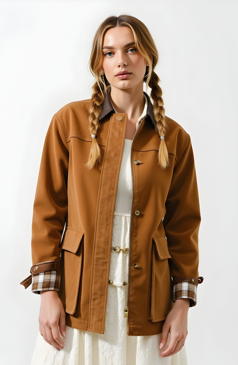 Modenaire Long Utility Jacket with Plaid Lining, Buckle Cuffs and Flap Pockets, Main, color,