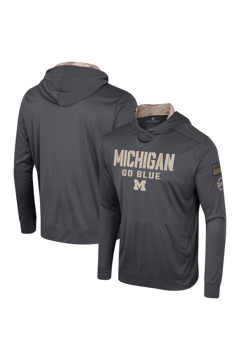 Men's Colosseum Charcoal Michigan Wolverines OHT Military Appreciation Long Sleeve Hoodie T-Shirt, Main, color, Charcoal