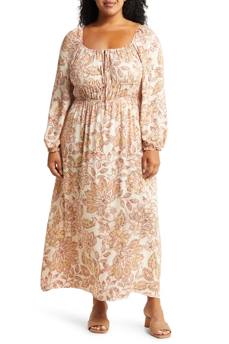 Emery Floral Long Sleeve Midi Dress, Main, color, SAND FLORAL