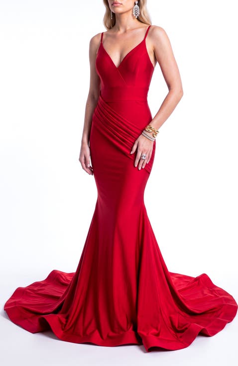 Ruched Plunge Neck Mermaid Evening Gown