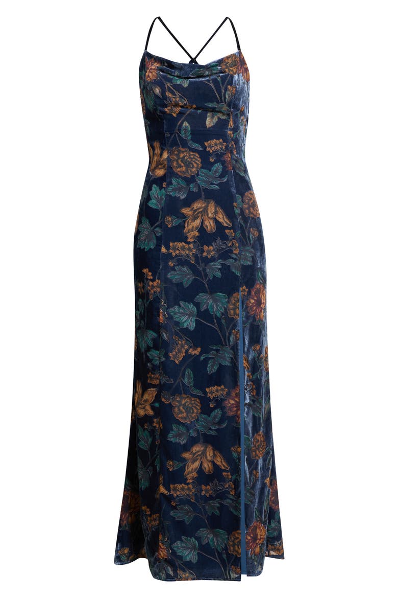 River Cowl Neck Sleeveless Velvet Gown, Alternate, color, NAVY FLORAL