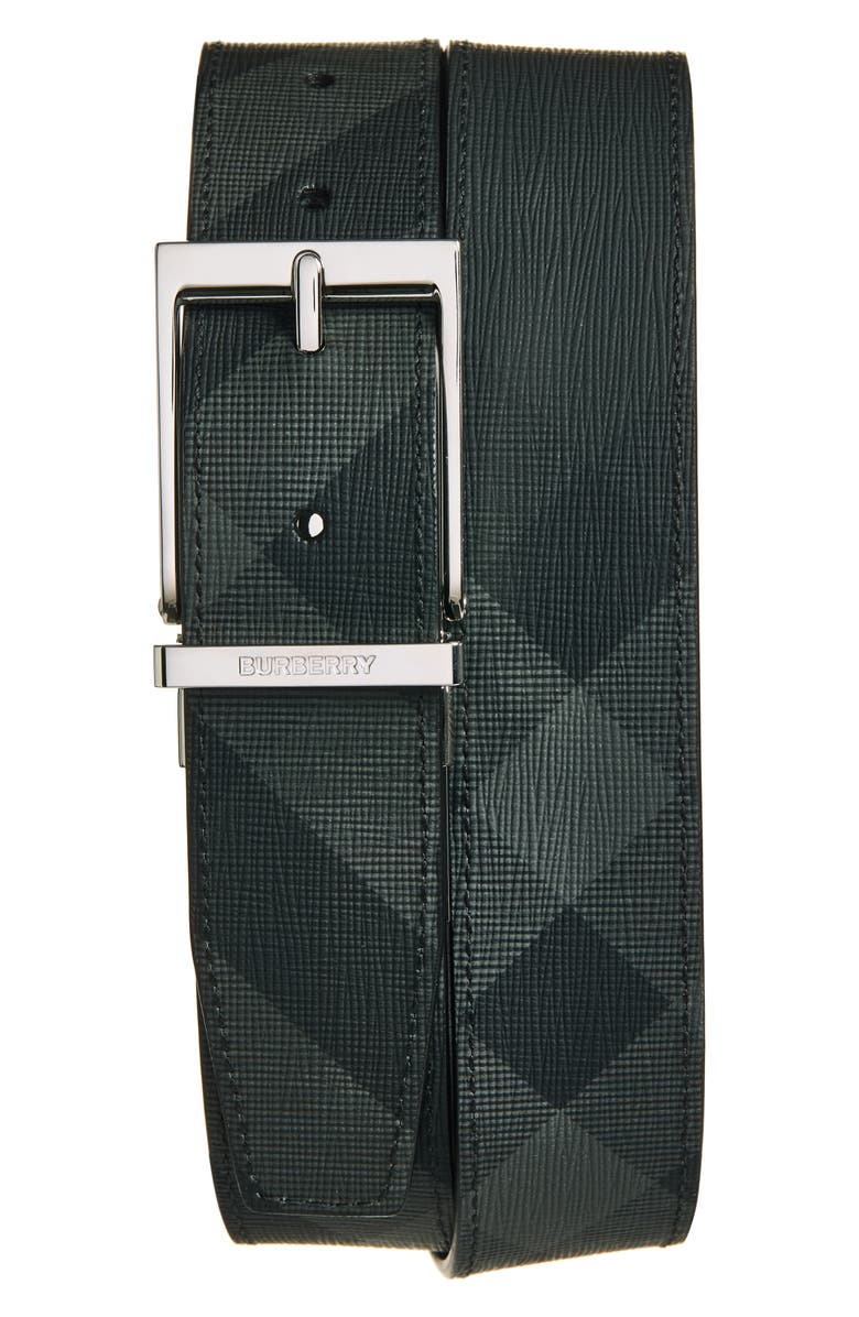 Burberry Reversible Check Canvas & Leather Pin Belt, Main, color, Charcoal/ Silver