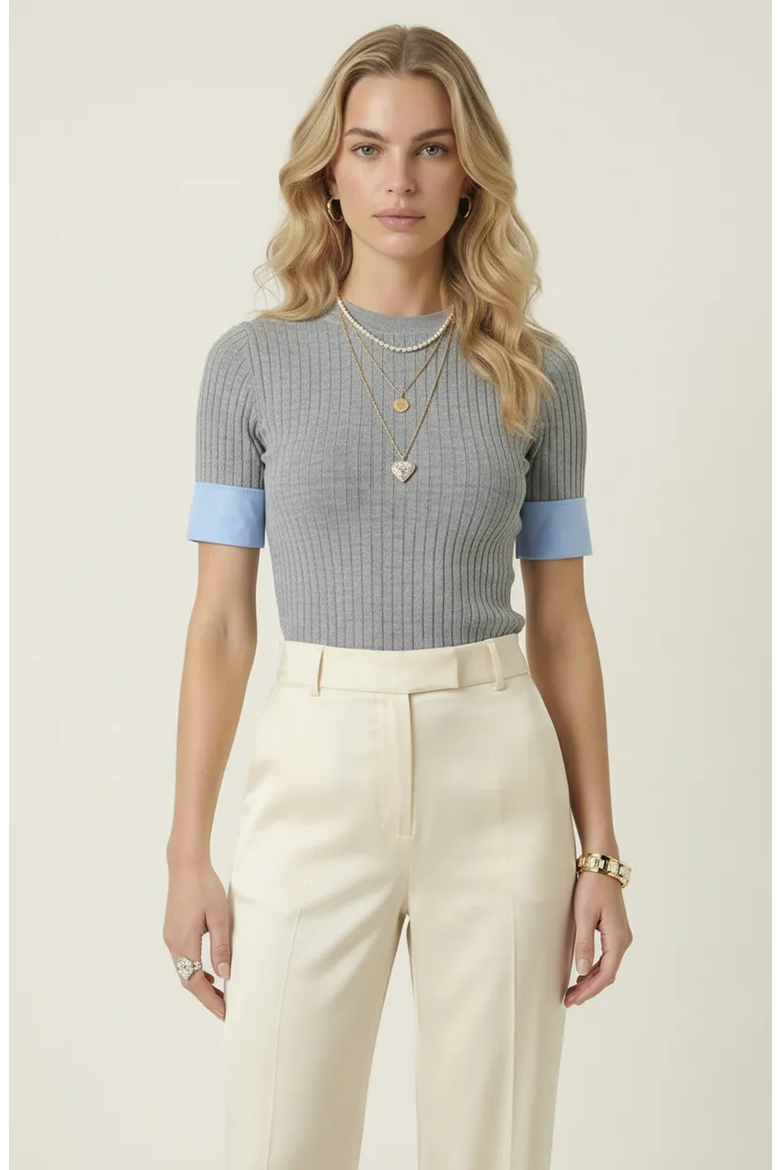 Ribbed Knit Short Sleeve Top, Main, color, Heather Grey / Light Blue