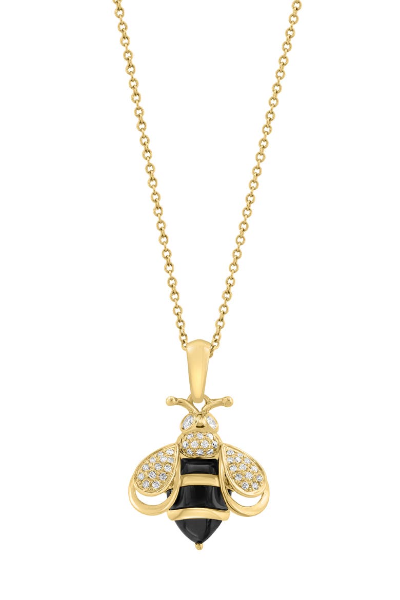 14K Yellow Gold Diamond Onyx Bumble Bee Pendant Necklace, Main, color, 14K Gold