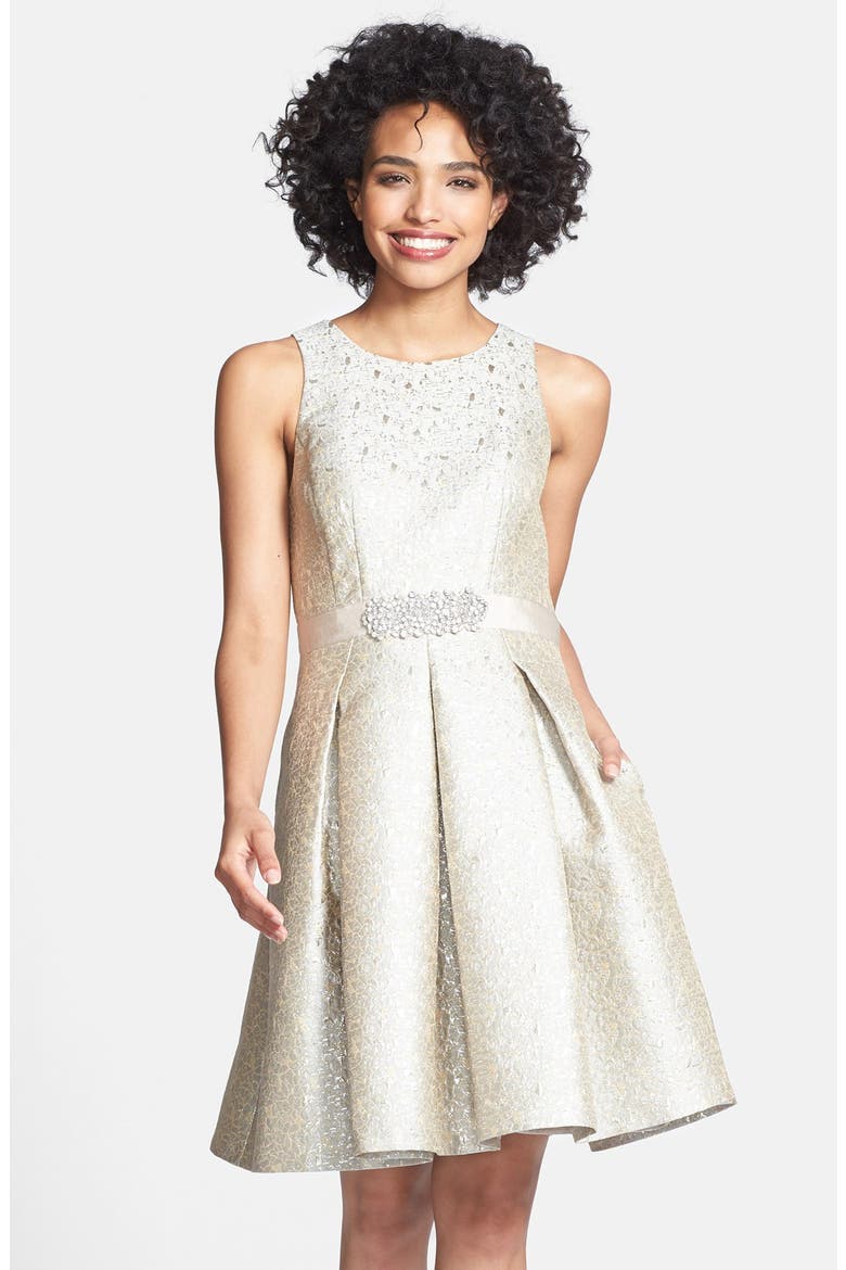 Embellished Metallic Jacquard Fit & Flare Dress, Main, color, SILVER