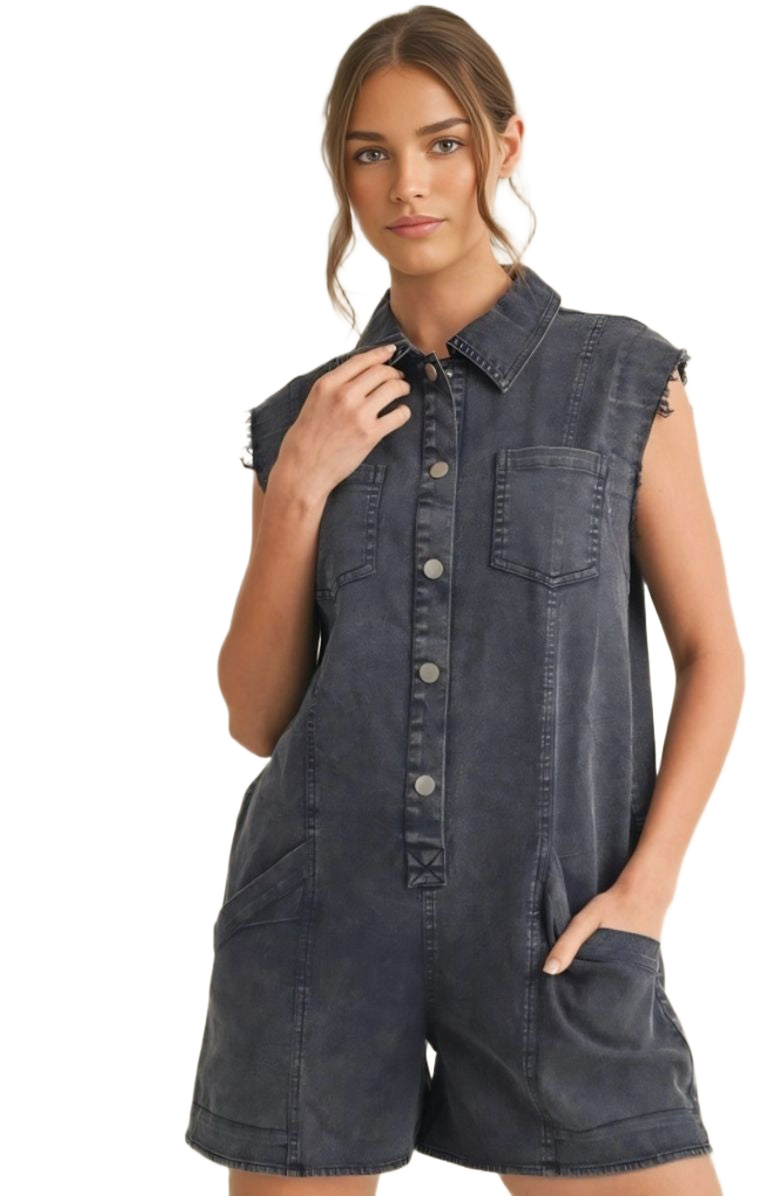 Knit and Lounge Sleeveless Pocket Detail Snap Button Denim Romper, Alternate, color, Dark Wash Denim