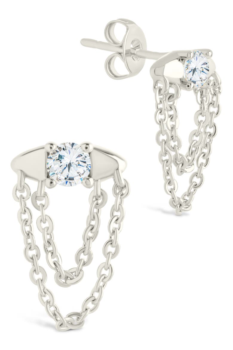 Bowie Cubic Zirconia Chain Drop Stud Earrings, Main, color, SILVER
