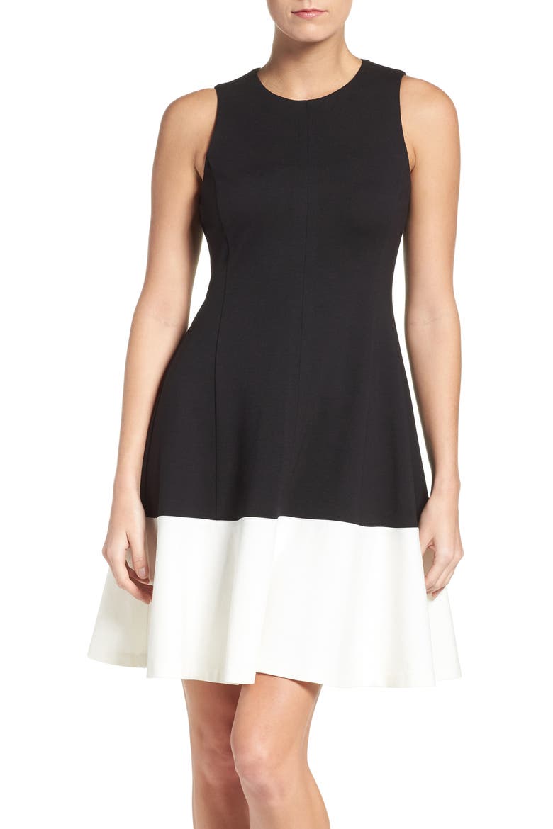 Colorblock Hem Fit & Flare Dress, Main, color, BLACK/ IVORY