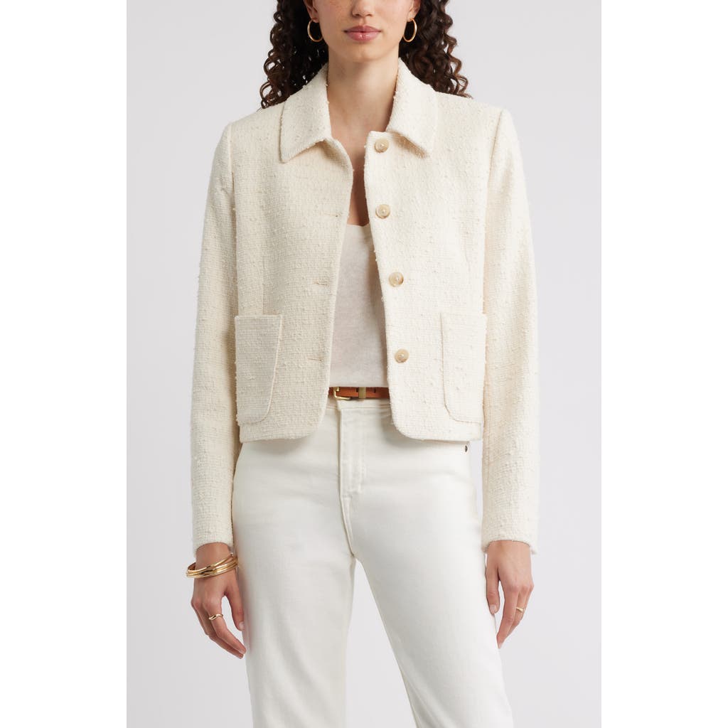 Nordstrom Tweed Crop Patch Pocket Jacket in Ivory Antique Texture at Nordstrom, Size Small