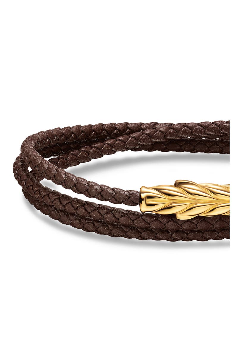 Men's Chevron Triple Wrap Bracelet in Leather with 18K Yellow Gold, 3mm, Alternate, color, BROWN