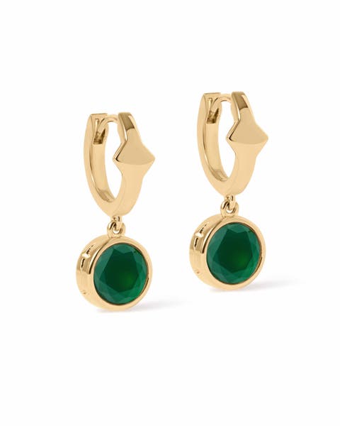 Gold Luna Green Agate Huggie Earrings
