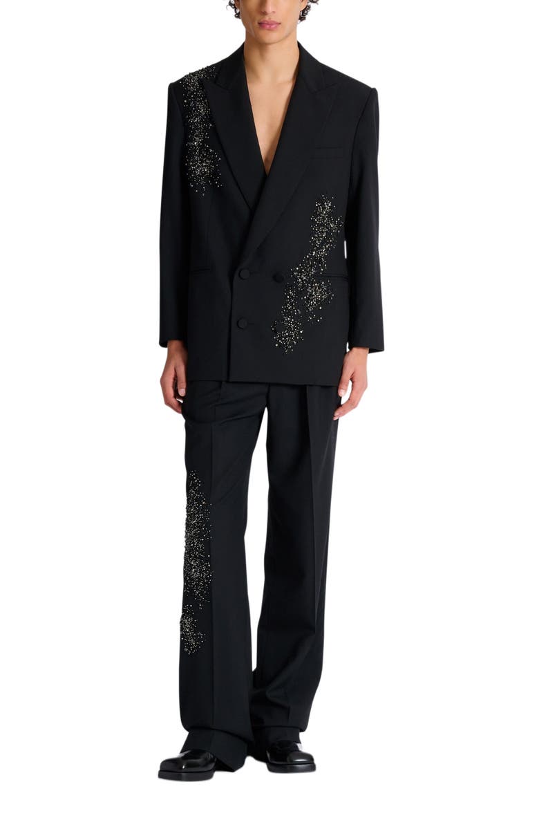 Balmain Pleated wool trousers with "Sand Effect" embroidery, Alternate, color, Black