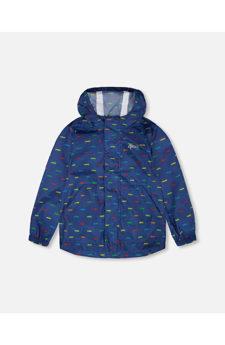 Deux par Deux Packable Car Windbreaker in Polyester, Main, color, Blue Printed Cars