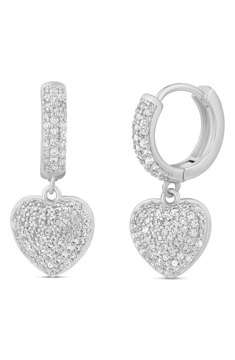 SHYMI Pavé Dangling Heart Huggie Hoop Earrings, Main, color, Silver