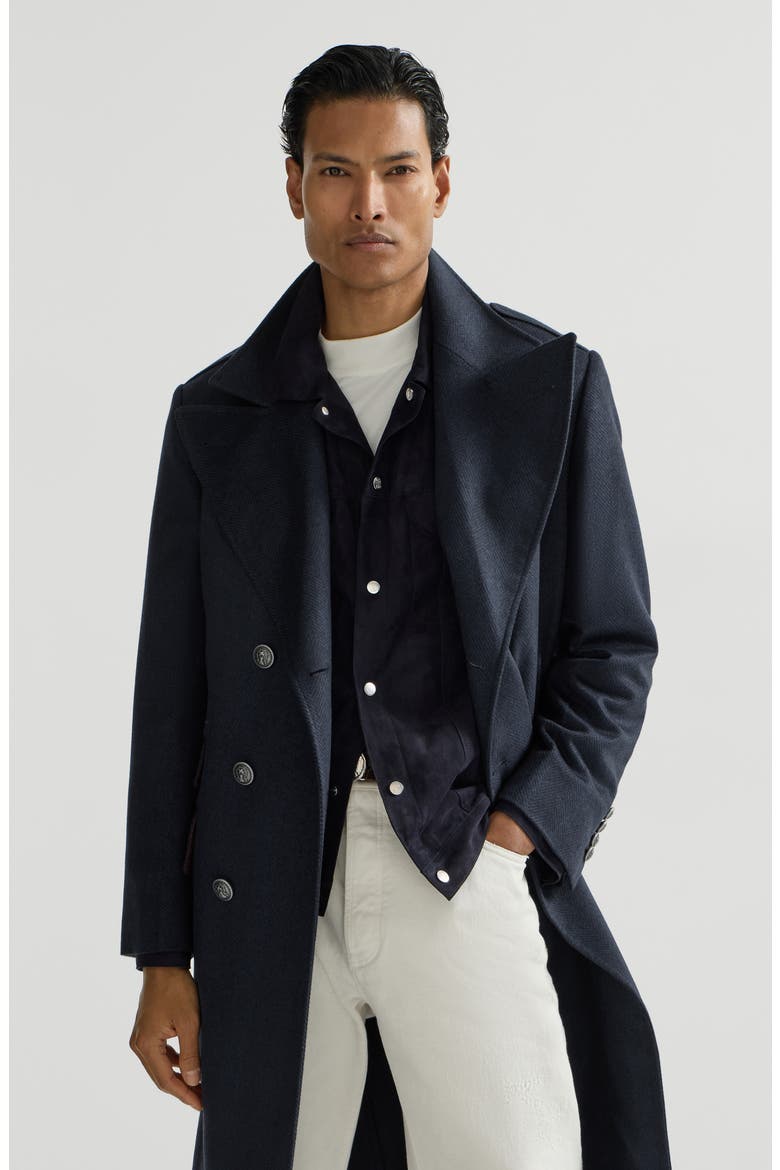 Cashmere chevron flannel one-and-a half breasted coat with peak lapels and metal buttons, Alternate, color, Navy Blue