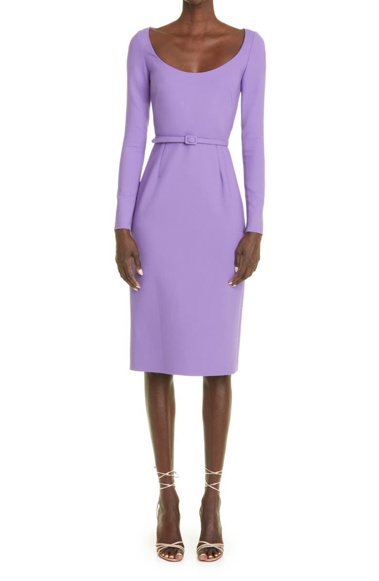 Oscar de la Renta Scoop Neck Belted Long Sleeve Stretch Wool Blend Dress, Main, color, 