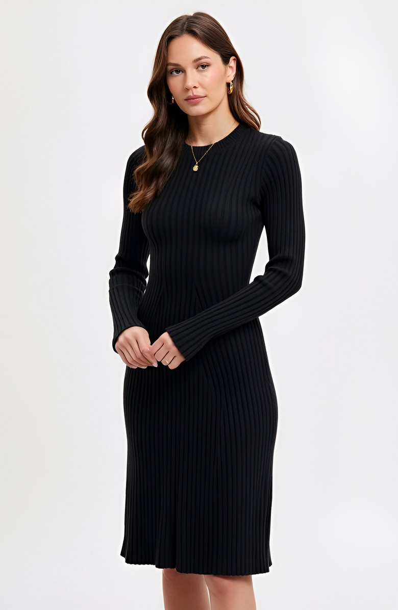 Modenaire Ribbed Knit Long Sleeve Flared Hem Sweater Dress, Alternate, color, Black