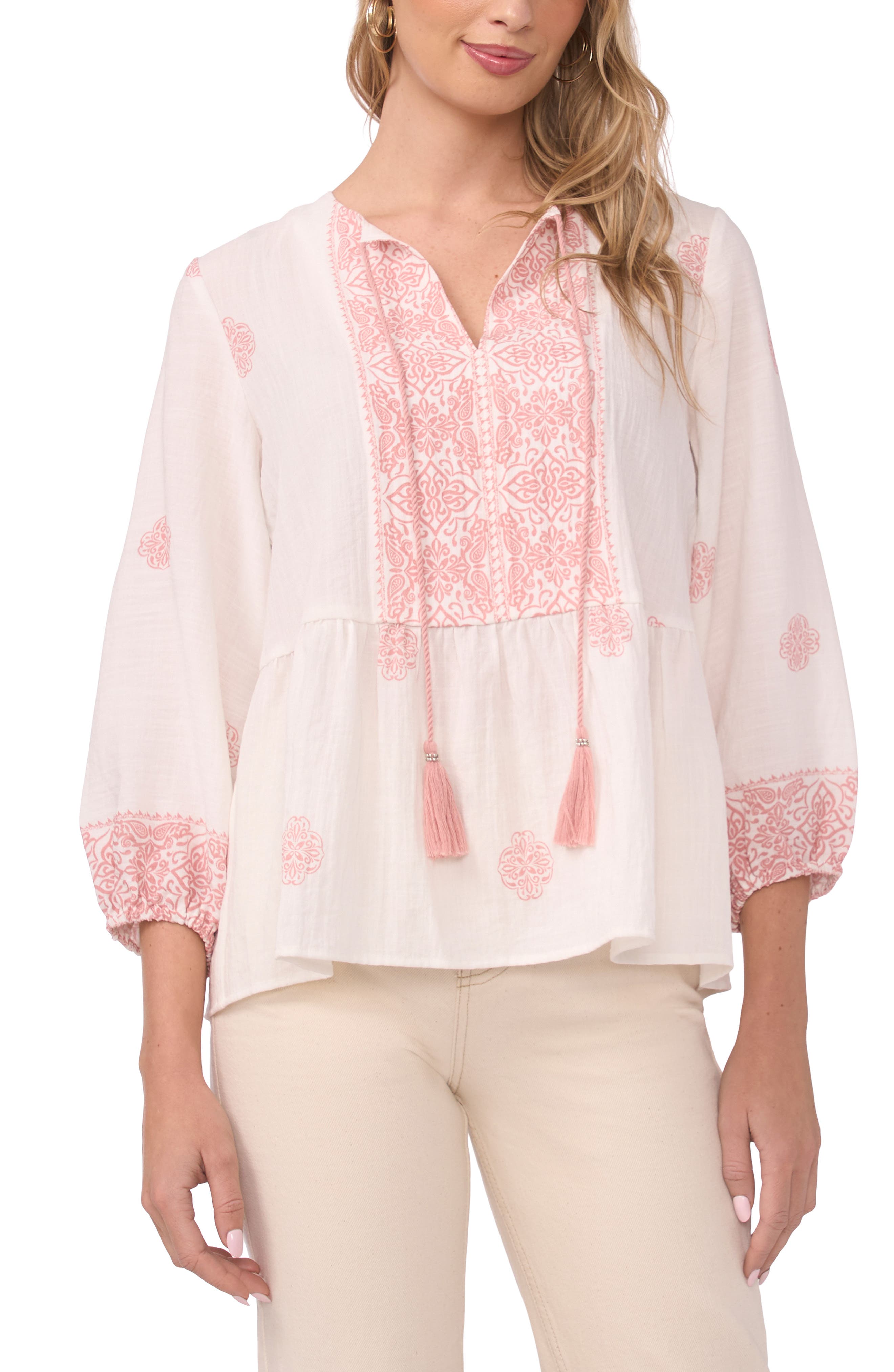Embroidered Tie Neck Peasant Top