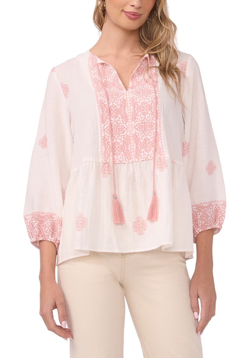 Embroidered Tie Neck Peasant Top, Main, color, ROSE HIP