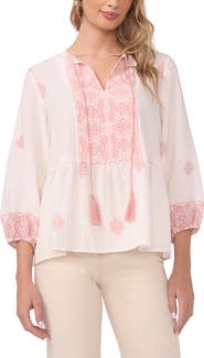 Vince Camuto Embroidered Tie Neck Peasant Top