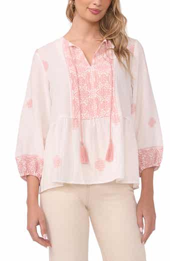 Embroidered Tie Neck Peasant Top