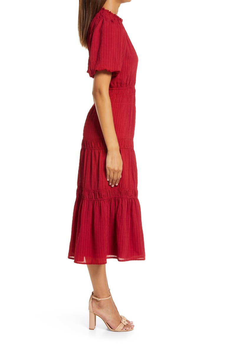 Vero Texutred Smock Detail Midi Dress, Alternate, color, CHERRY