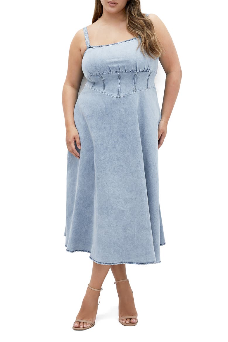Corset Denim Sundress, Main, color, LIGHT DENIM