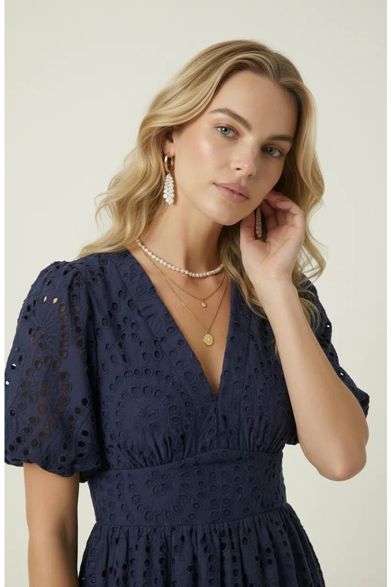 Puff Sleeve Eyelet Smocked Midi Dress, Alternate, color, Navy Blue