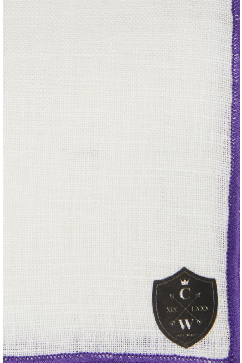 White Linen Pocket Square with Purple Trim, Alternate, color, PURPLE