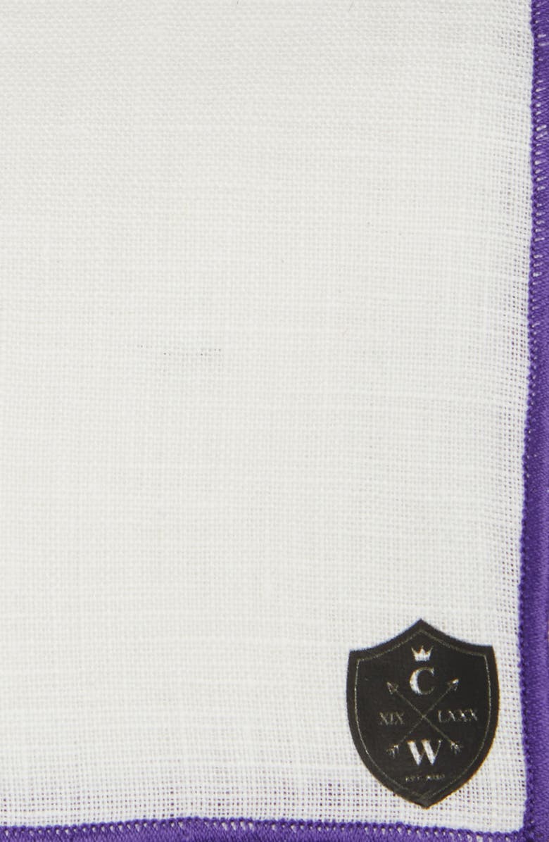 CLIFTON WILSON White Linen Pocket Square with Purple Trim, Alternate, color, Purple