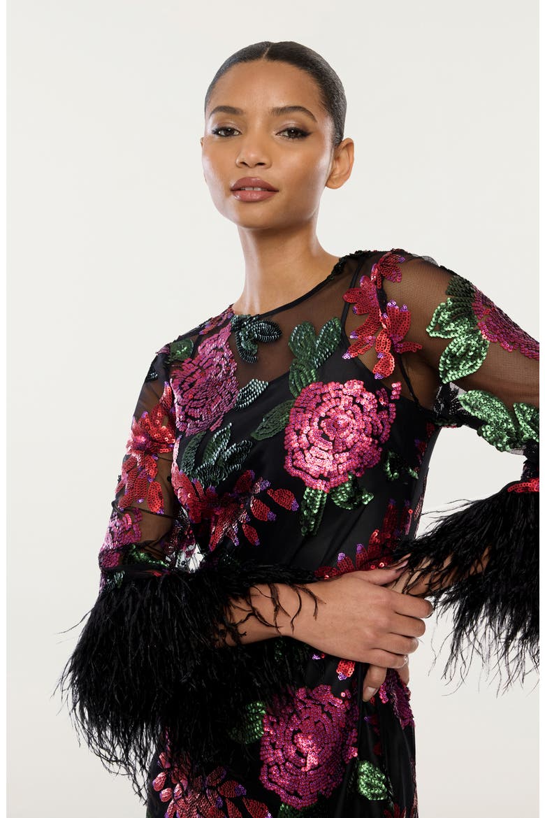 Augustina Sequin Floral & Ostrich Feather Trim Long Sleeve Cocktail Minidress, Alternate, color, RED MULTI