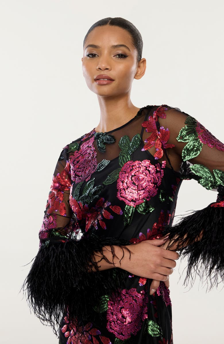 LIKELY Augustina Sequin Floral & Ostrich Feather Trim Long Sleeve Cocktail Minidress, Alternate, color, 