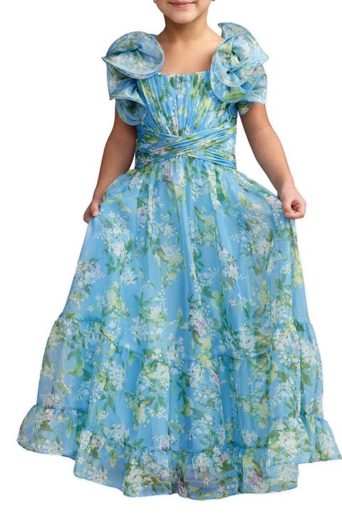 Girls Floral Chiffon Ruffle Shoulder Dress