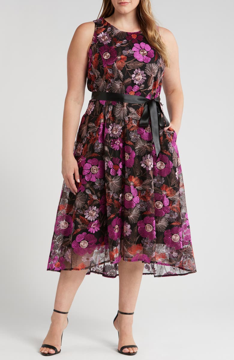 Tahari ASL Floral Embroidery Sleeveless Midi Dress, Main, color, 