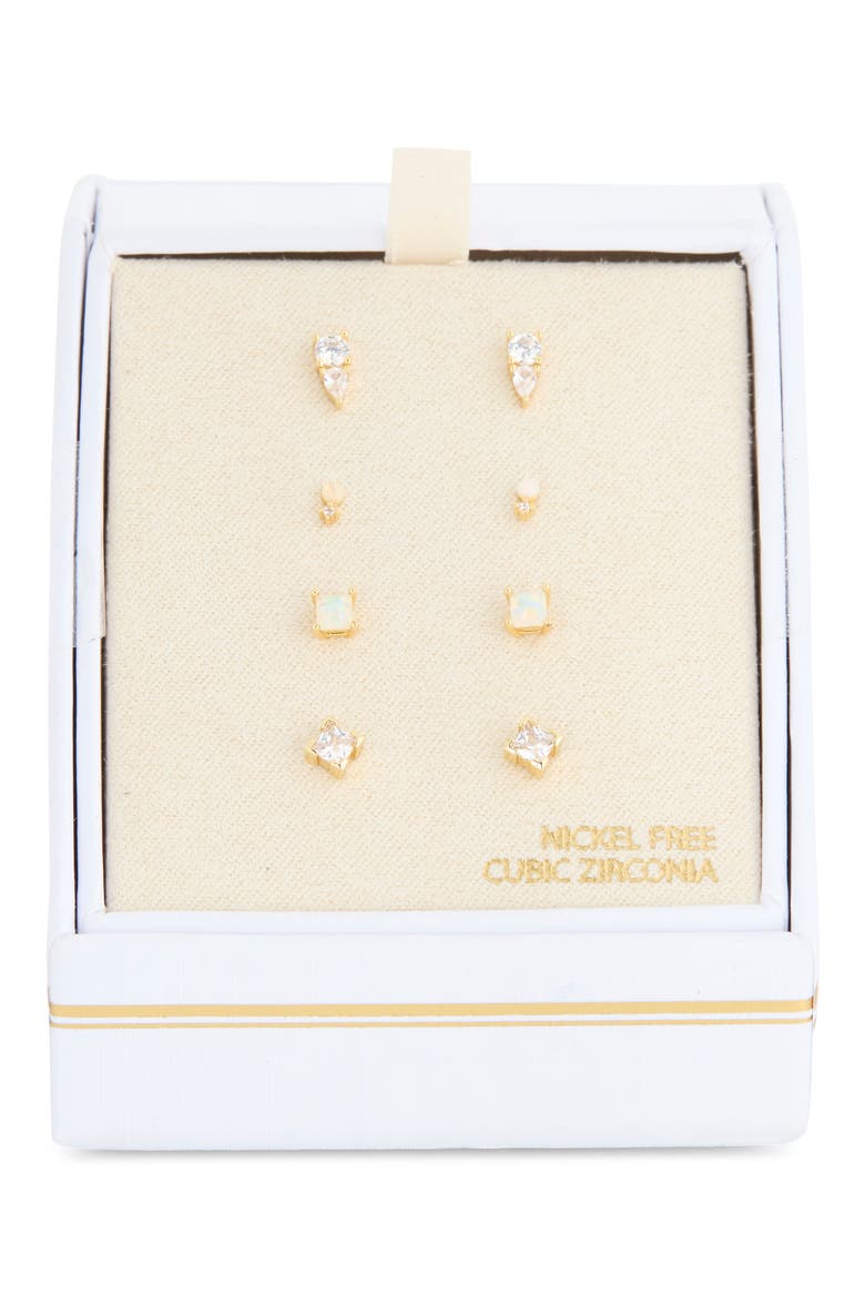Set of 4 Cubic Zirconia Square Stud Earrings, Main, color, CLEAR- WHITE- GOLD