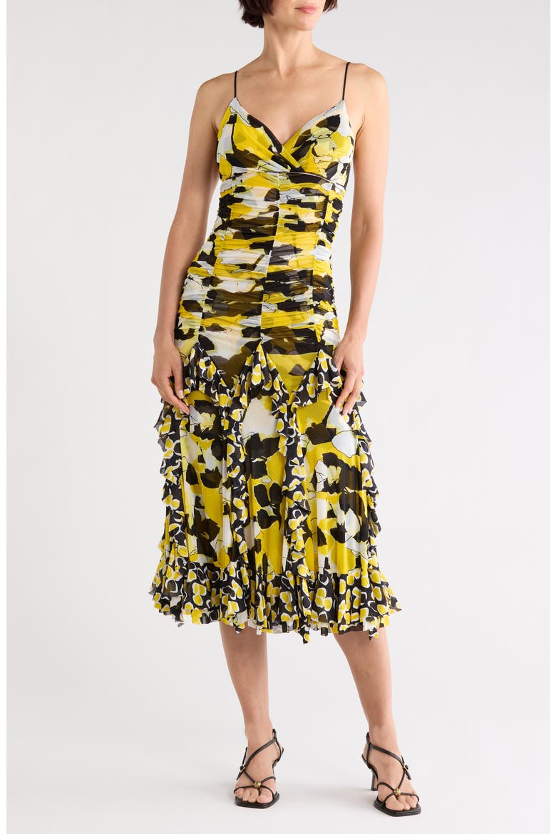 Portia Ruched Mesh Ruffle Cocktail Dress, Main, color, EGONS FLORAL YELLOW