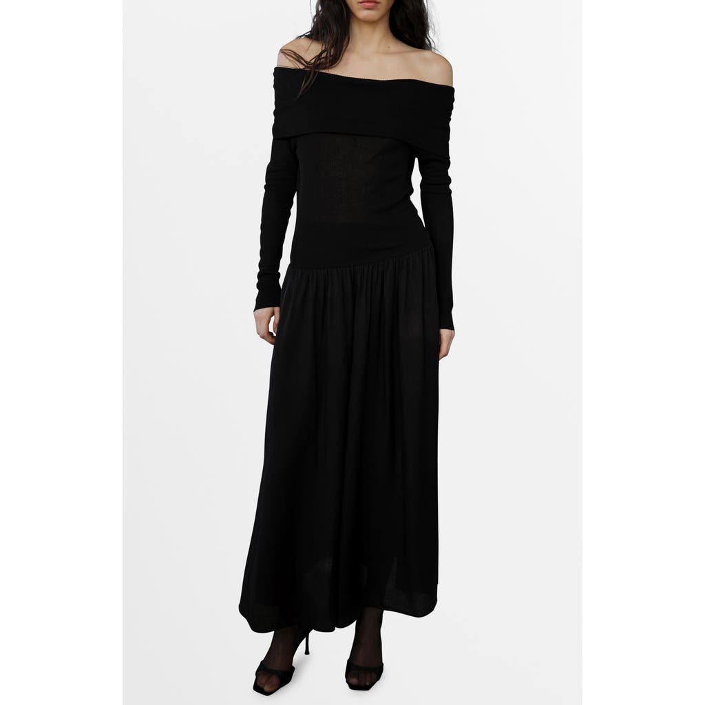 Shop Mango Off The Shoulder Long Sleeve Maxi Dress In Black