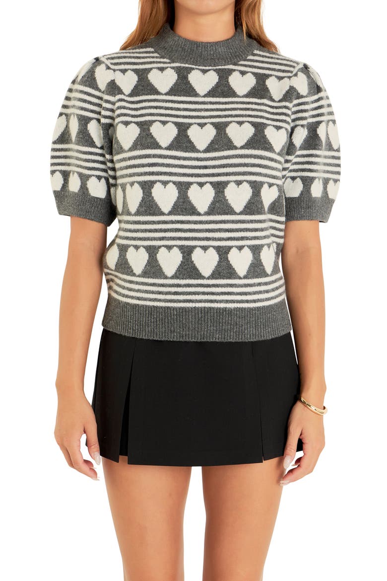 Heart Stripe Puff Sleeve Sweater, Alternate, color, CHARCOAL/ WHITE
