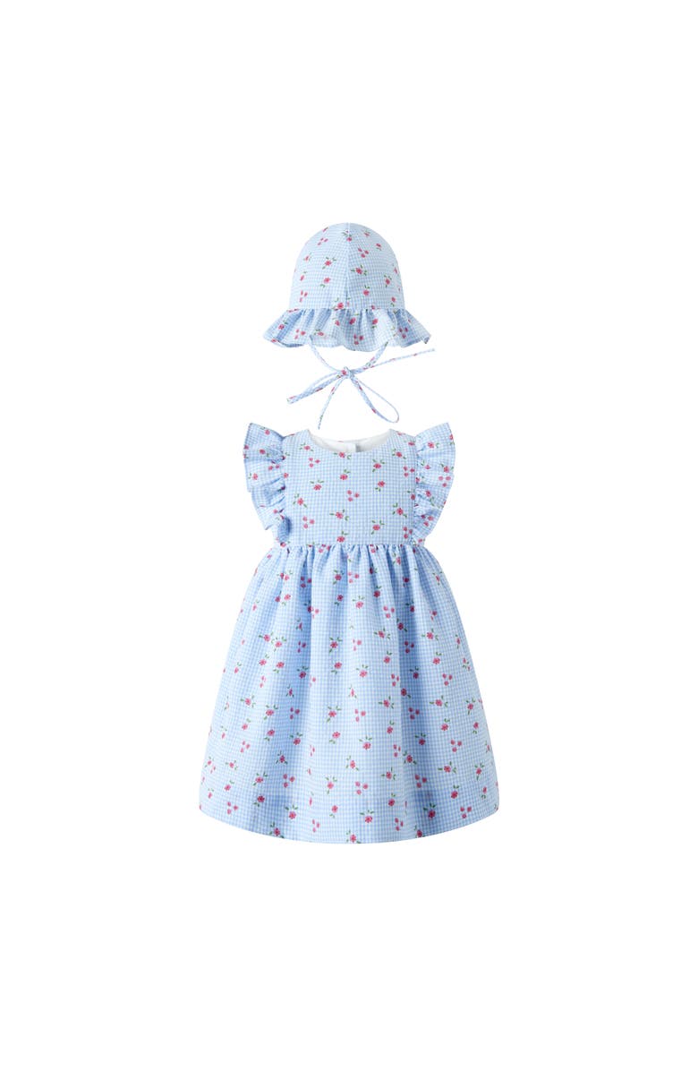 Rachel Riley Gingham Floral Sundress & Hat, Main, color, Blue