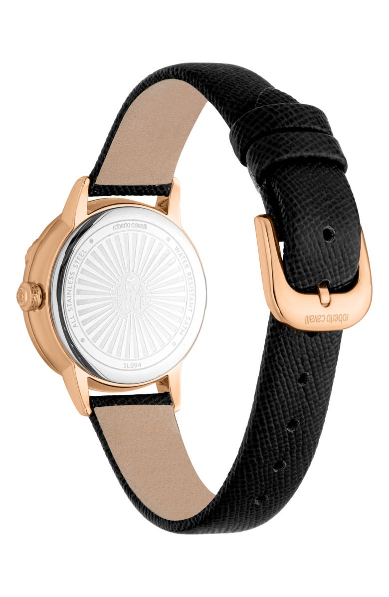 Roberto Cavalli Snake Textured Crystal Quartz Leather Strap Watch, 30mm, Alternate, color, Black/ Rose Gold