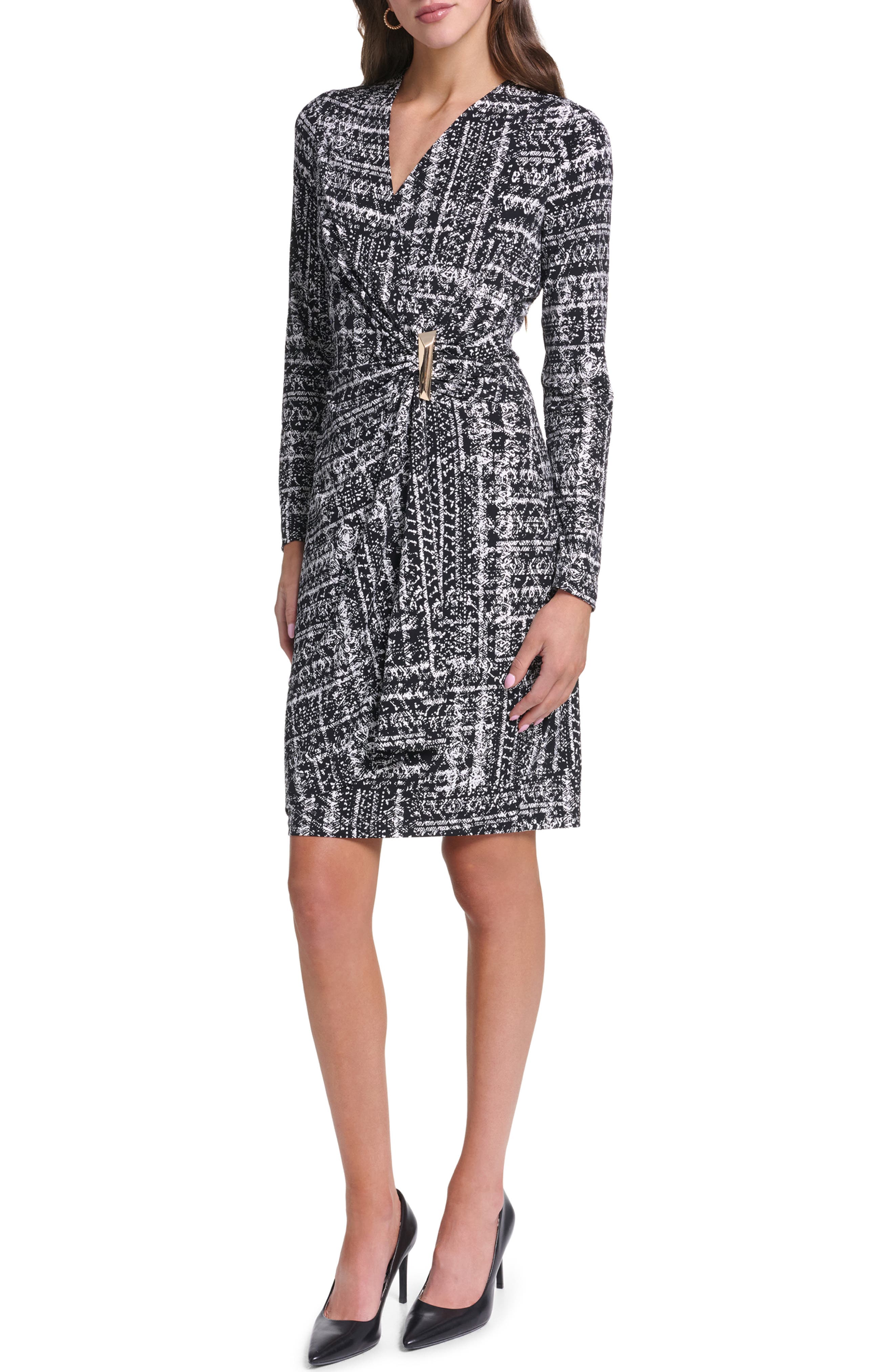 Faux Wrap Long Sleeve Body-Con Dress