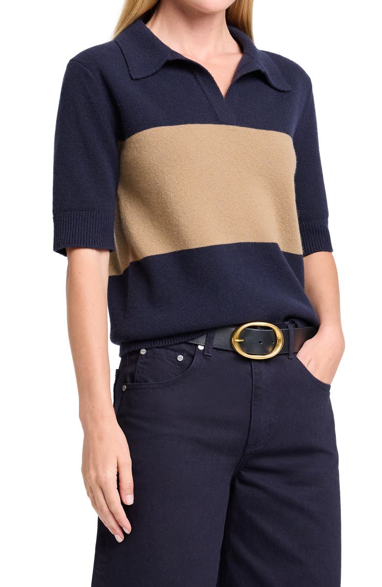 TWP Colorblock Johnny Collar Cashmere Polo Sweater, Alternate, color, Blueberry / Ermine