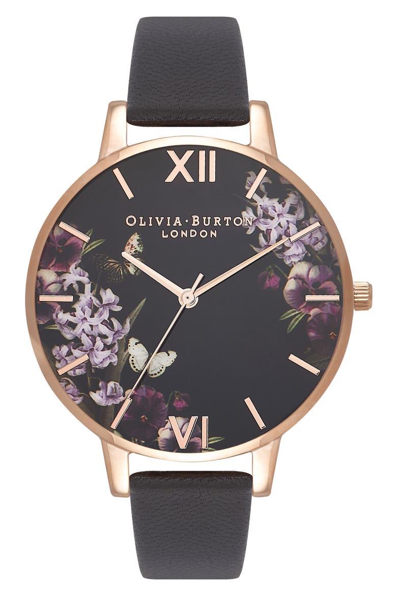 Enchanted Garden Leather Strap Watch, 38mm, Main, color, BLACK/ FLORAL/ ROSE GOLD